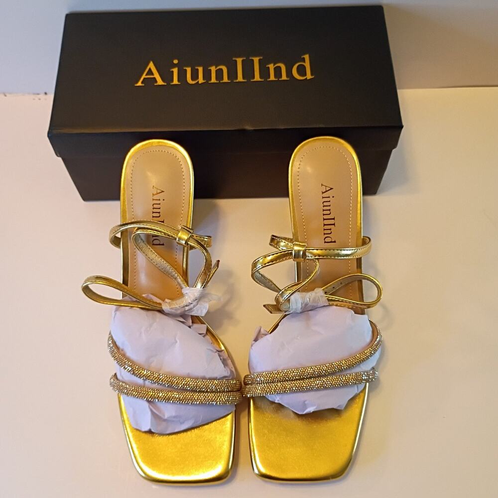 Women's Gold Square Toe Rhinestone Strap Sandals